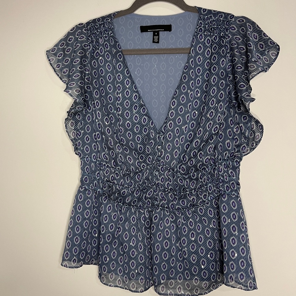 White House Black Market Blue Patterned Sparkle Blouse, Size S
